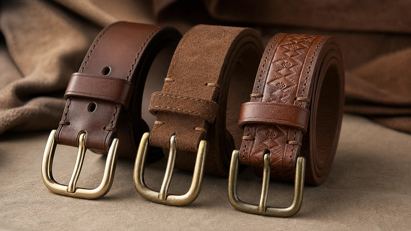 Three brown leather belts comparing smooth, suede, and embossed finishes