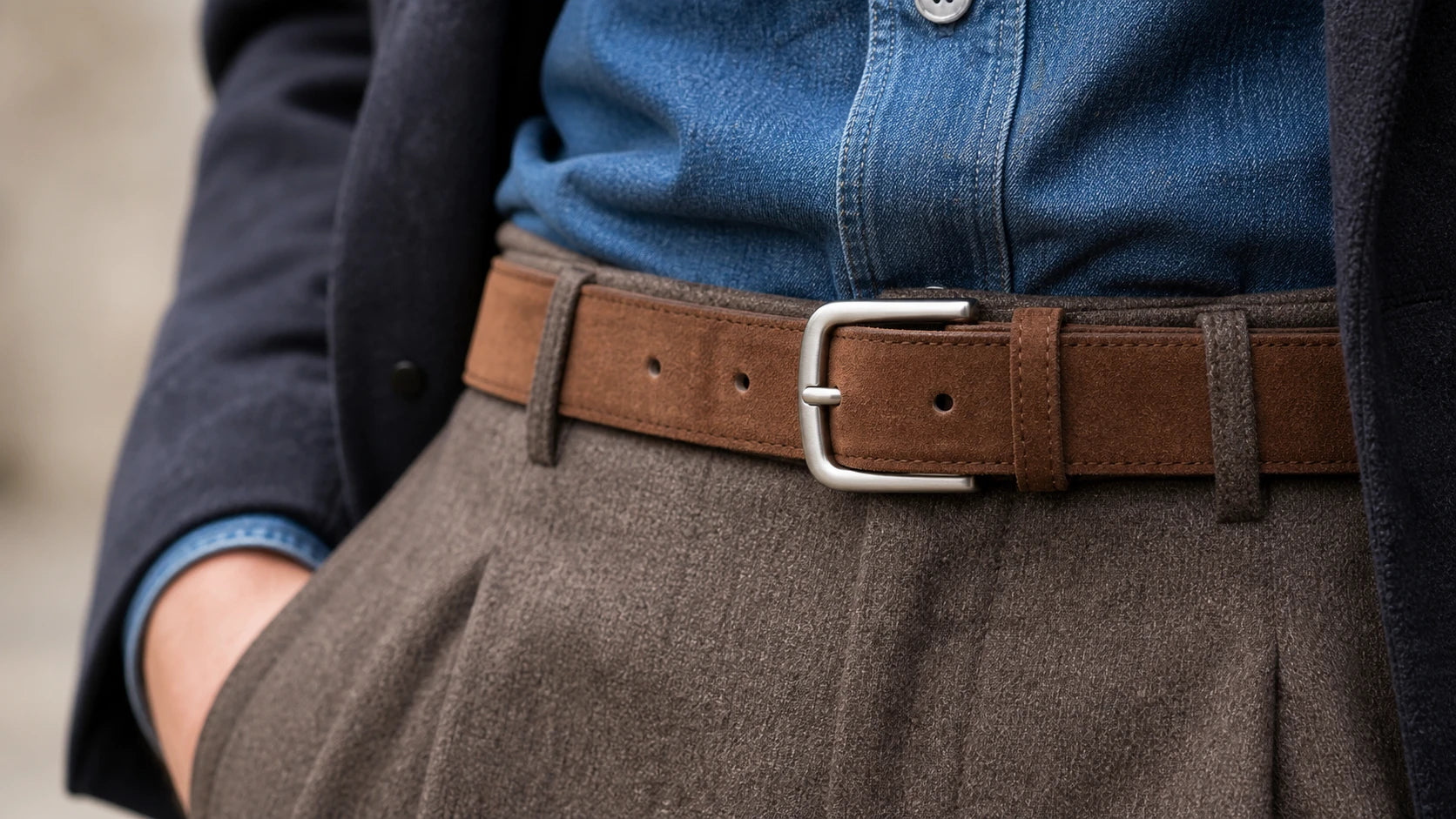 Close-up of a medium-brown suede belt showing texture and width with denim and tailored trousers