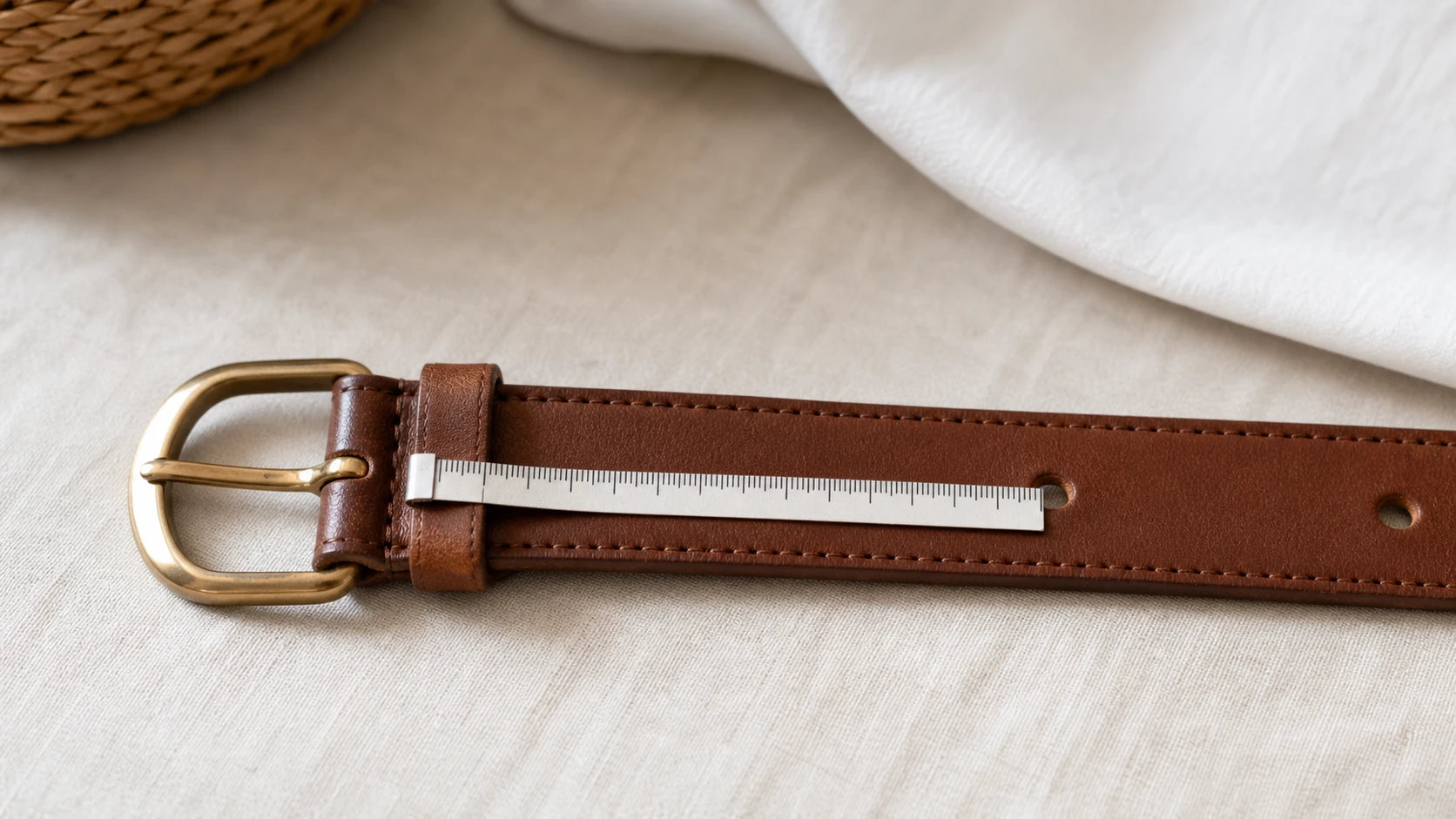 Close-up of a belt measured from buckle fold to the center hole