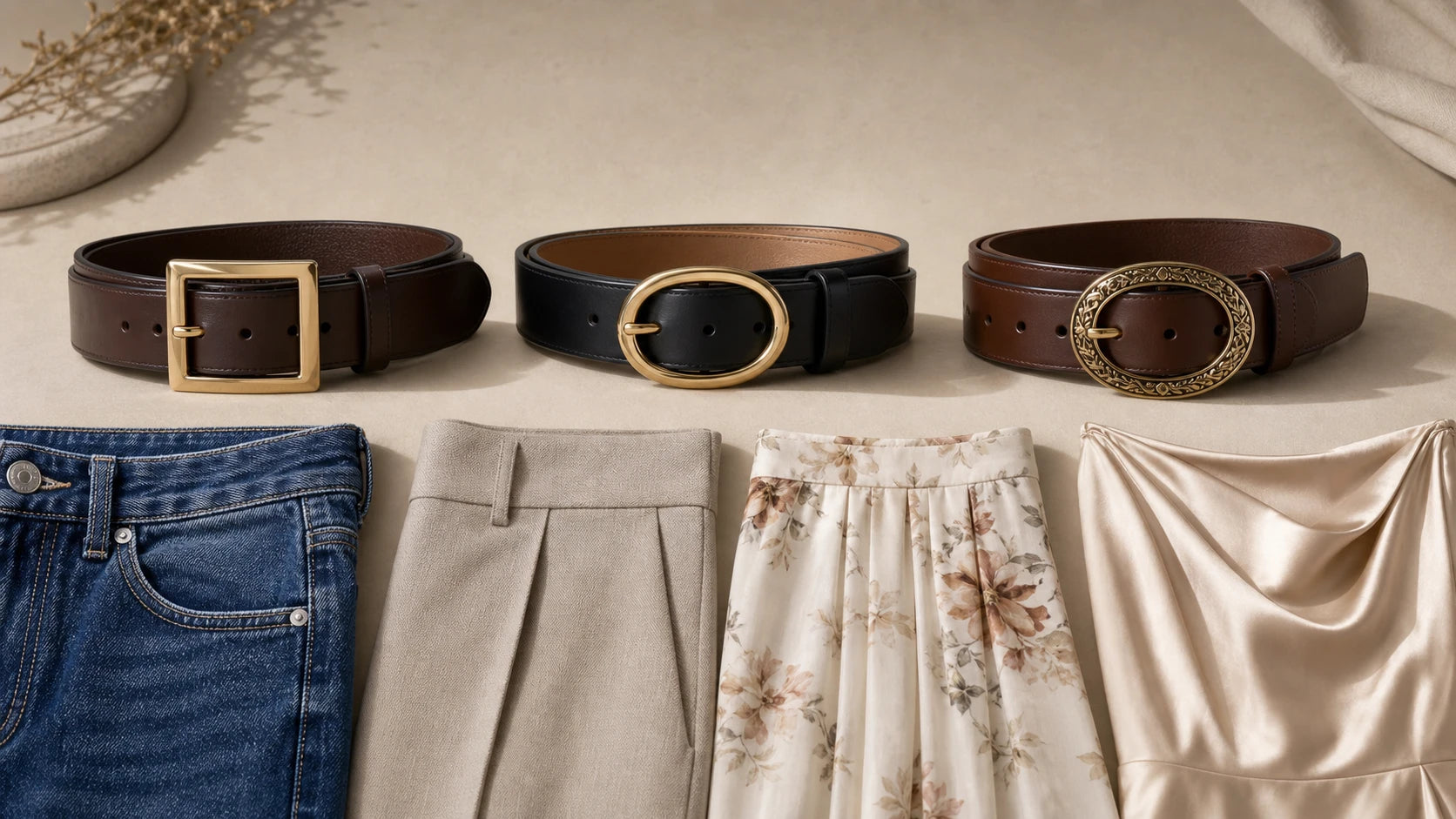 Comparison of square, oval, and decorative belt buckle shapes with common outfit fabrics