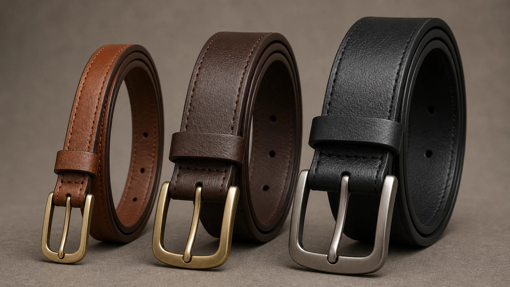 Close-up comparison of slim, medium, and wider women's belts with matched buckle sizes
