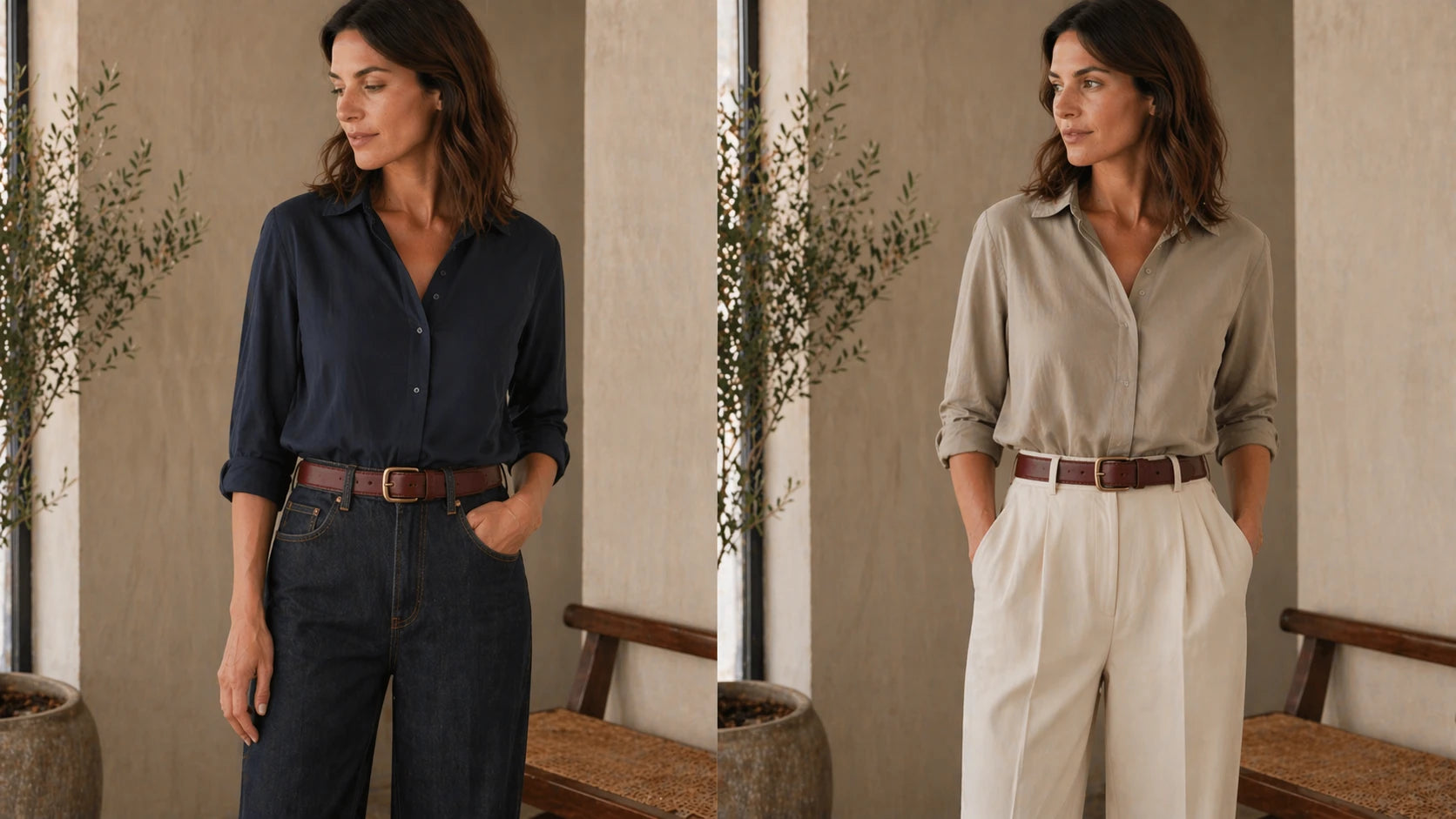 Burgundy belt comparison with dark denim and tailored cream trousers