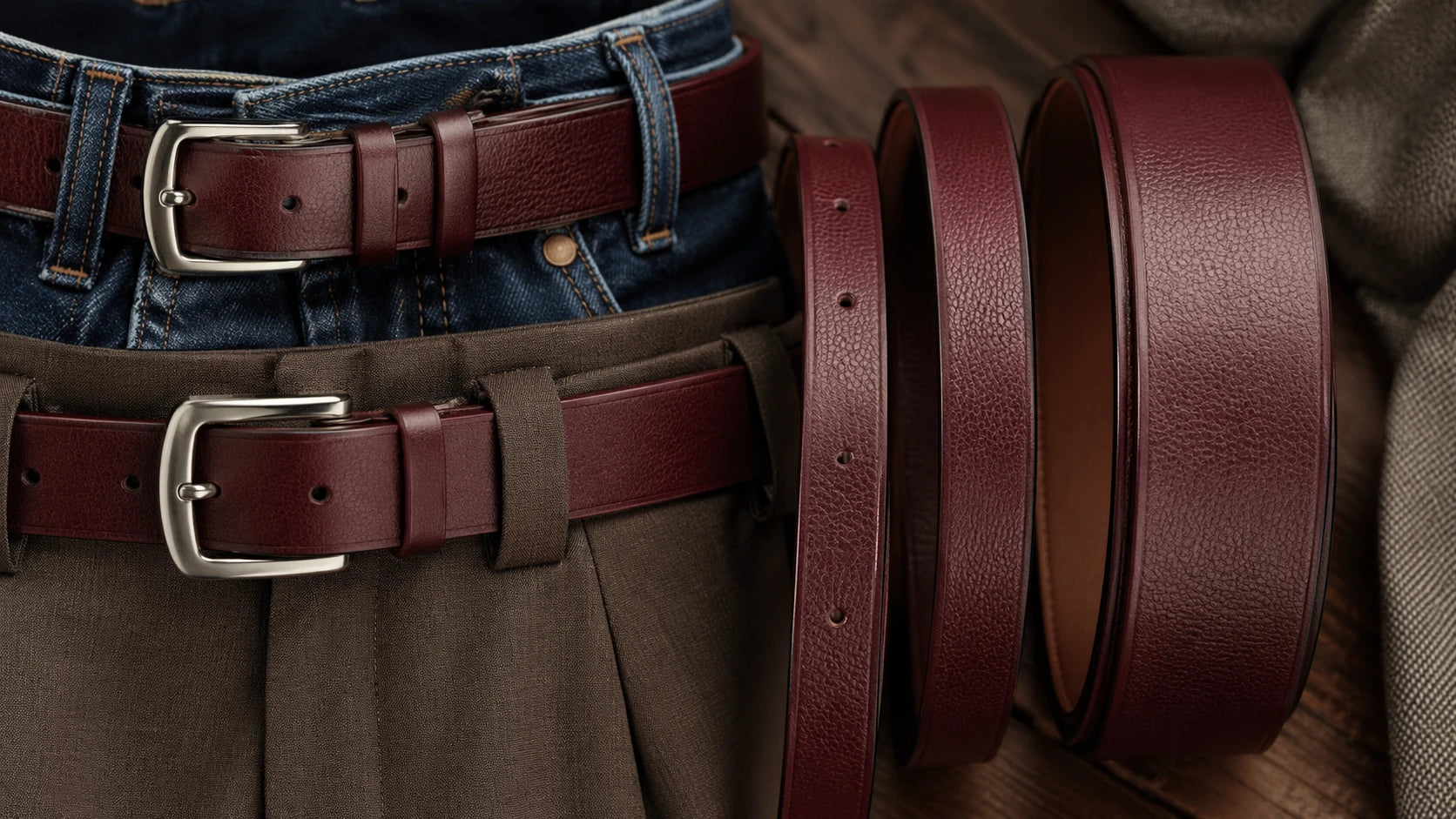 Burgundy belts in different widths shown against denim and tailored trouser belt loops
