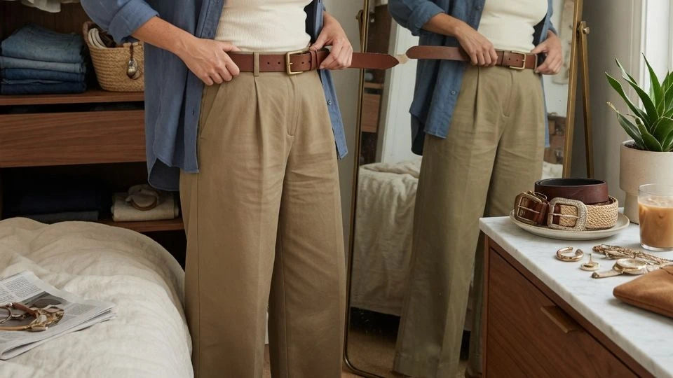 Woman checking how a medium-width belt balances a casual outfit in the mirror