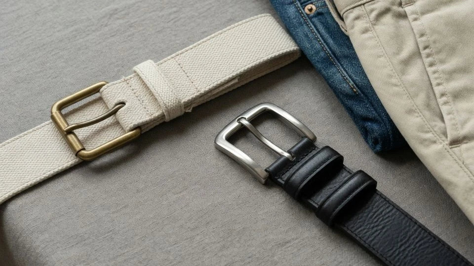 Close-up comparison of a canvas belt and a leather belt beside casual trousers and denim
