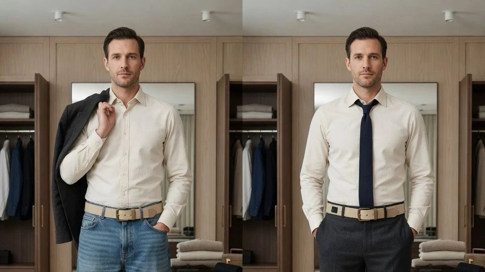 Comparison showing when a canvas belt works with casual denim and when it looks off with tailored trousers