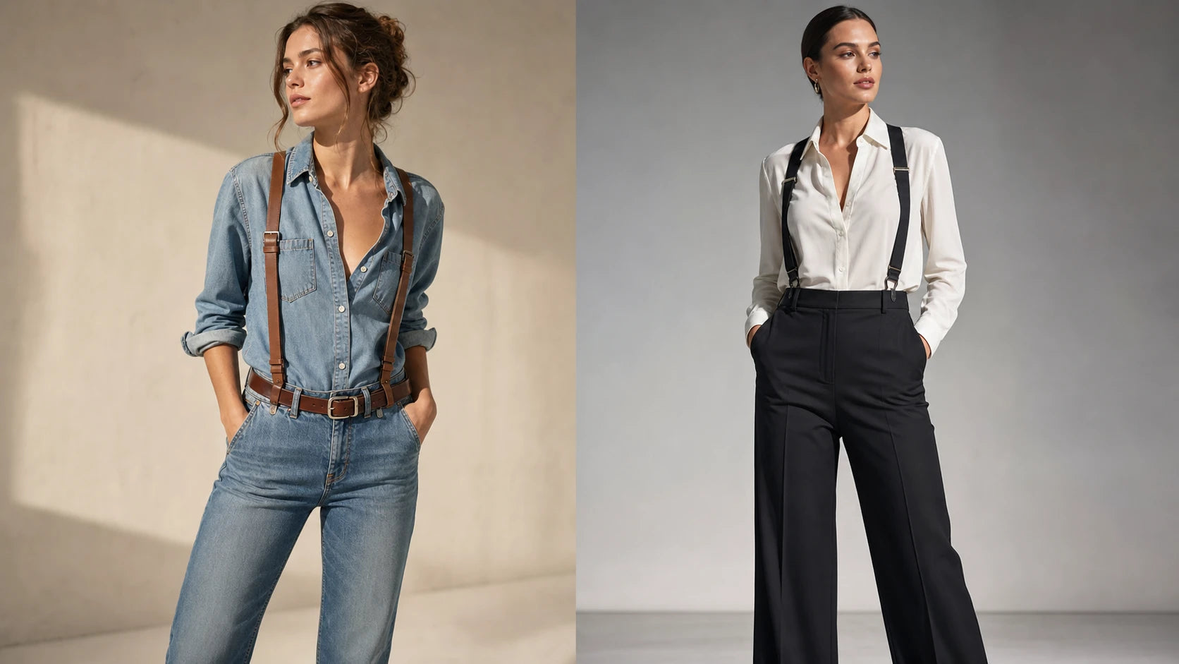 Side by side comparison of casual denim with belt and suspenders versus formal trousers with suspenders only