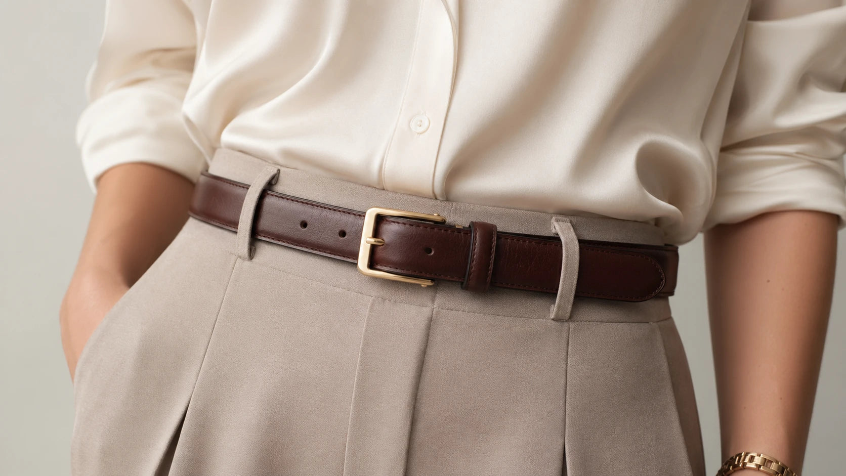 Close-up of a belt fastened at the center hole with a neat tail length