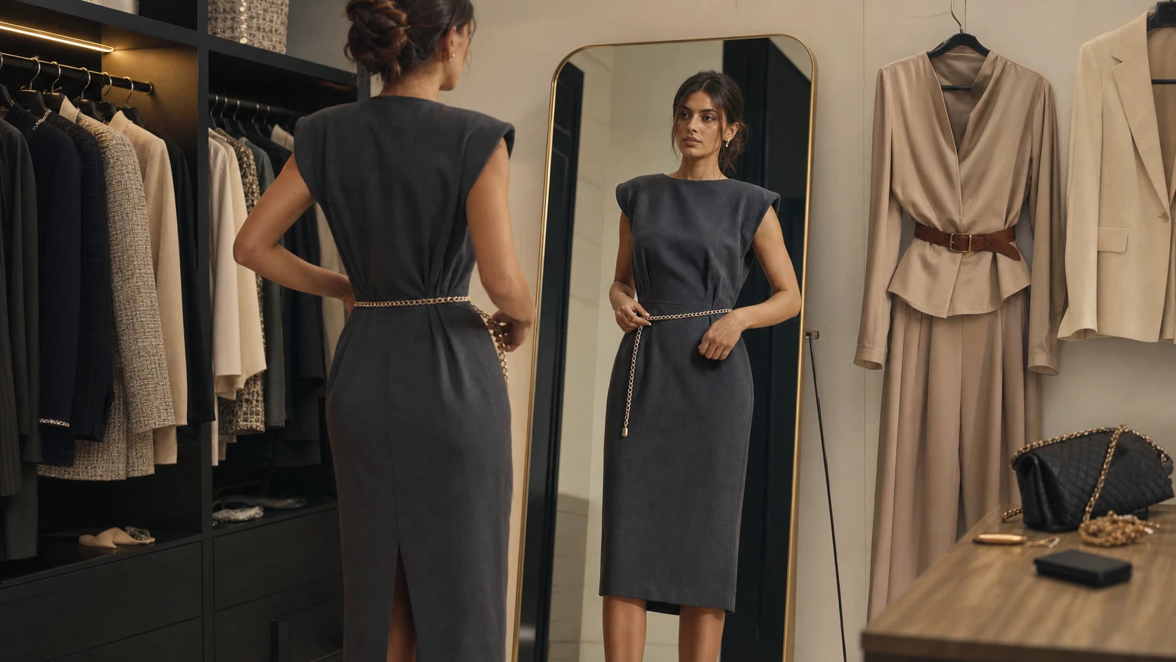 Woman checking whether a chain belt works with a structured outfit in a mirror