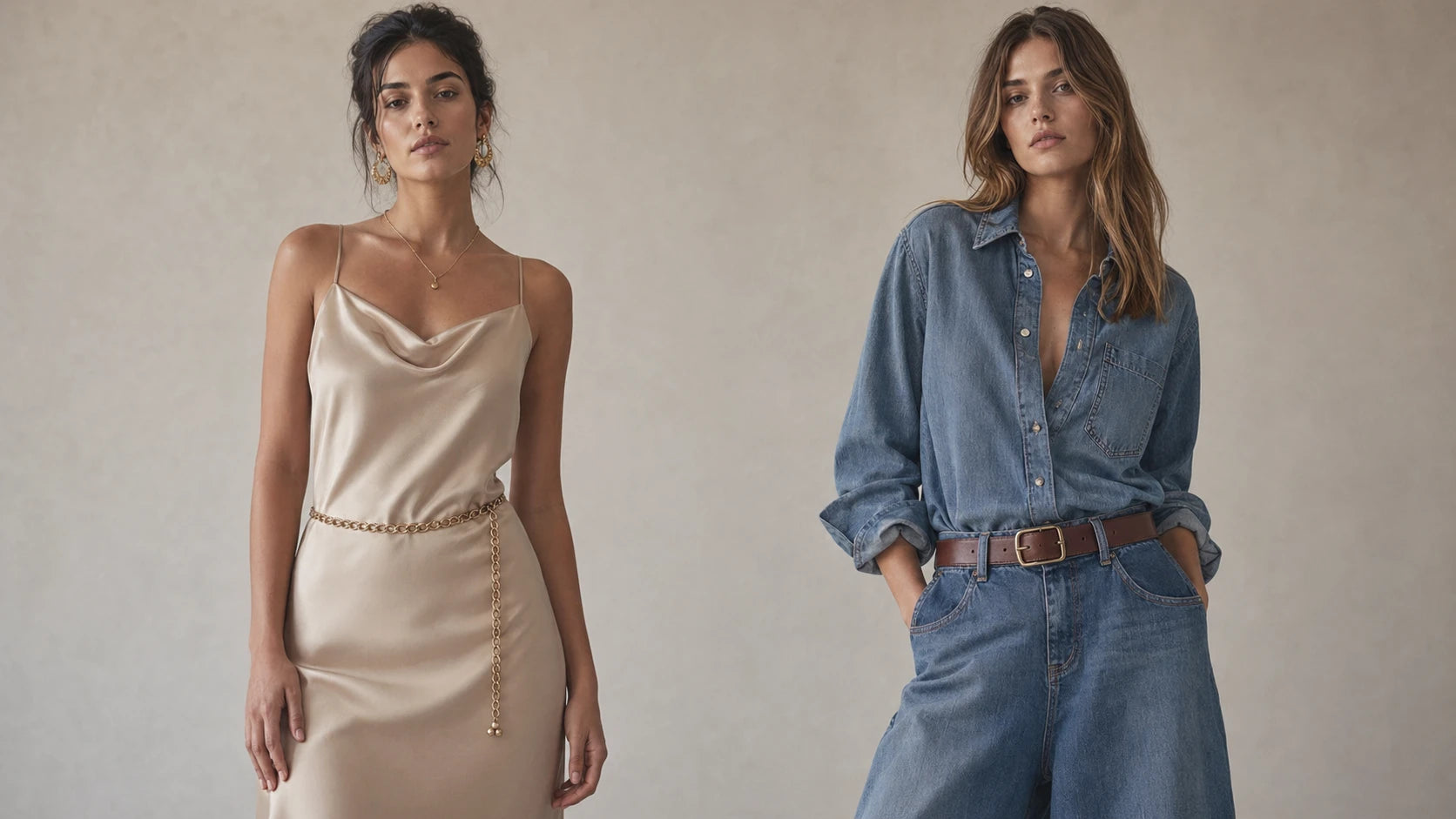 Comparison between a chain belt on a dress and a leather belt on denim