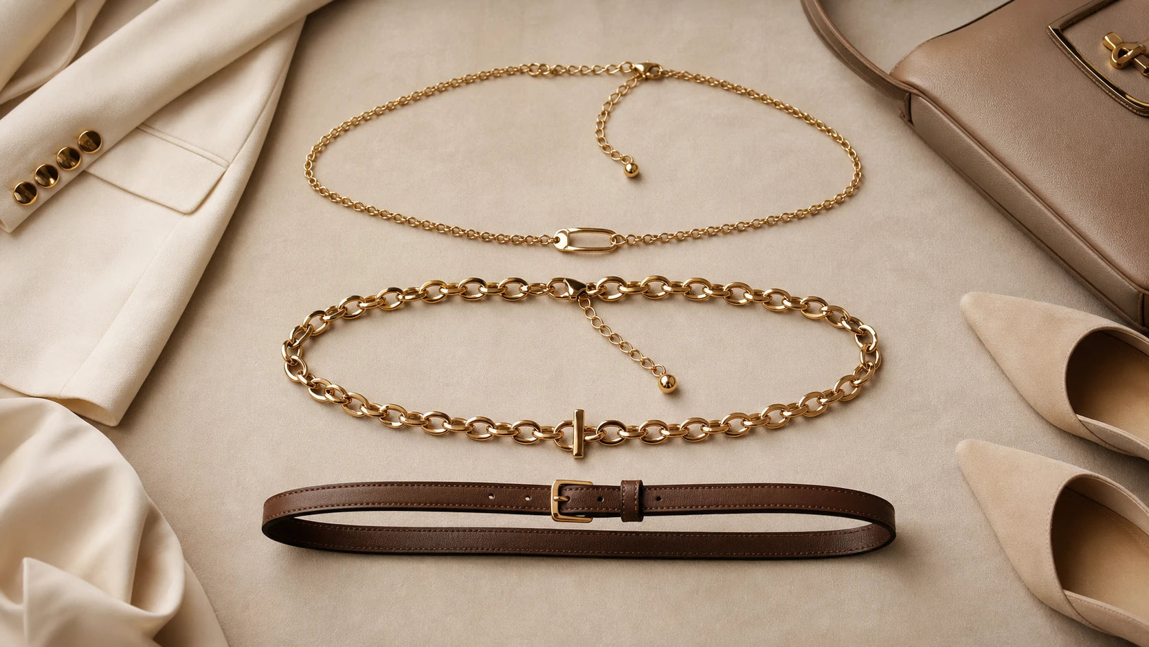 Comparison of delicate and medium chain belts next to a slim leather belt