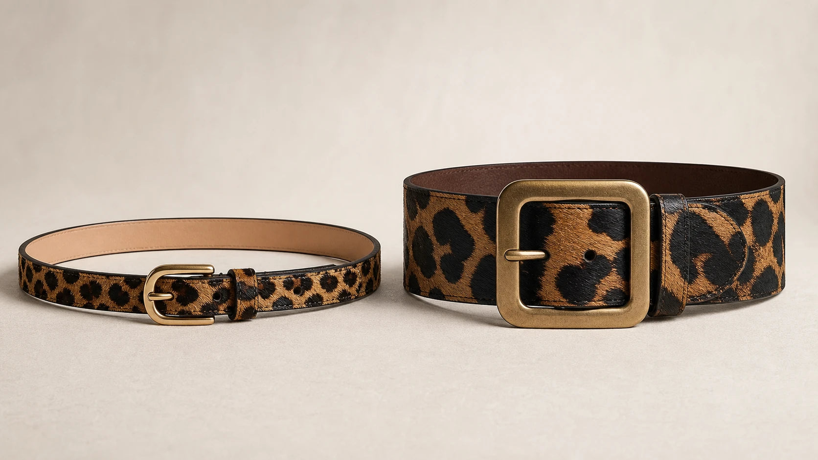 Comparison of slim and wide cheetah print belts with different buckle scales