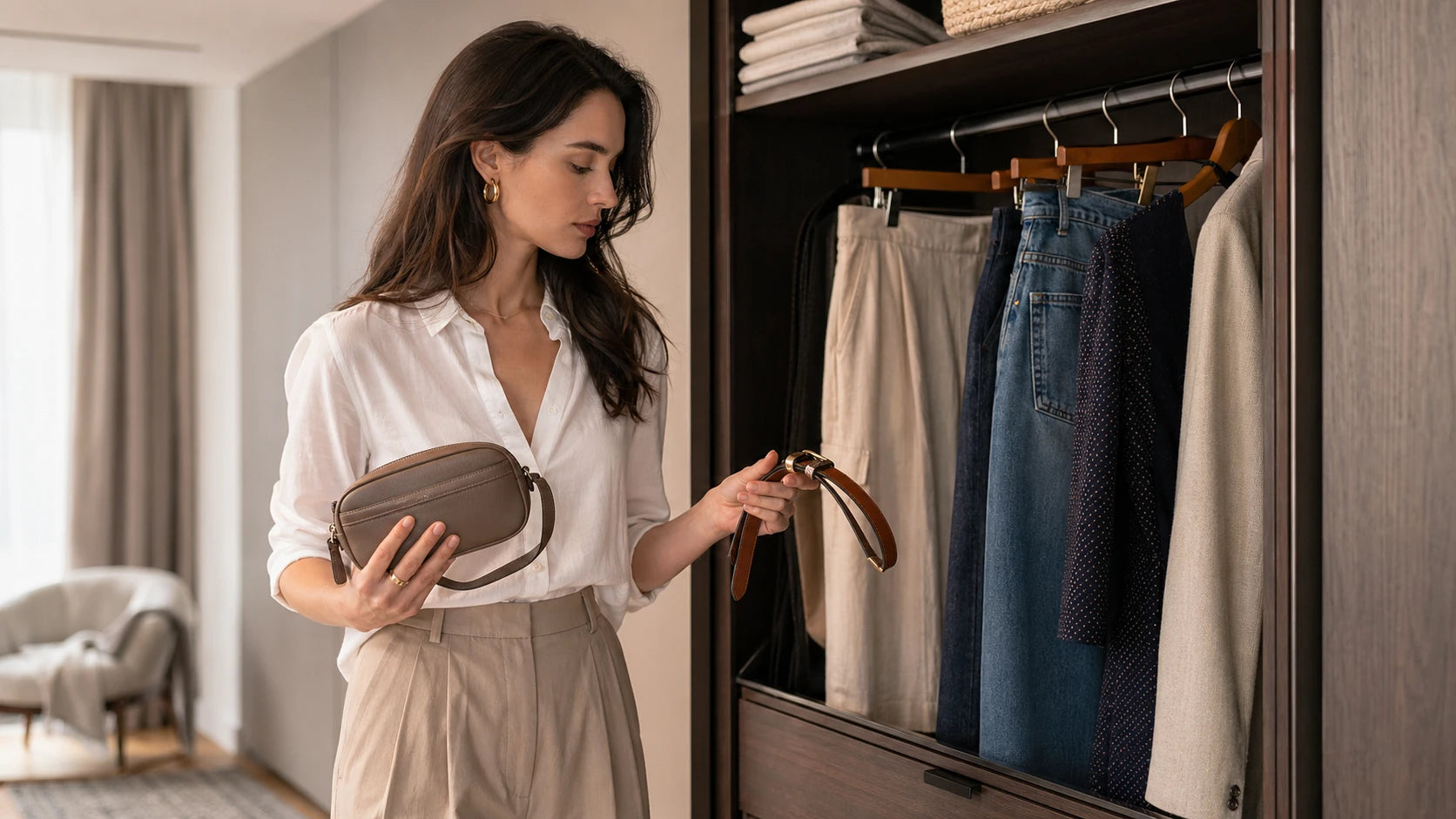 Woman deciding between a belt bag and a regular belt for different outfits