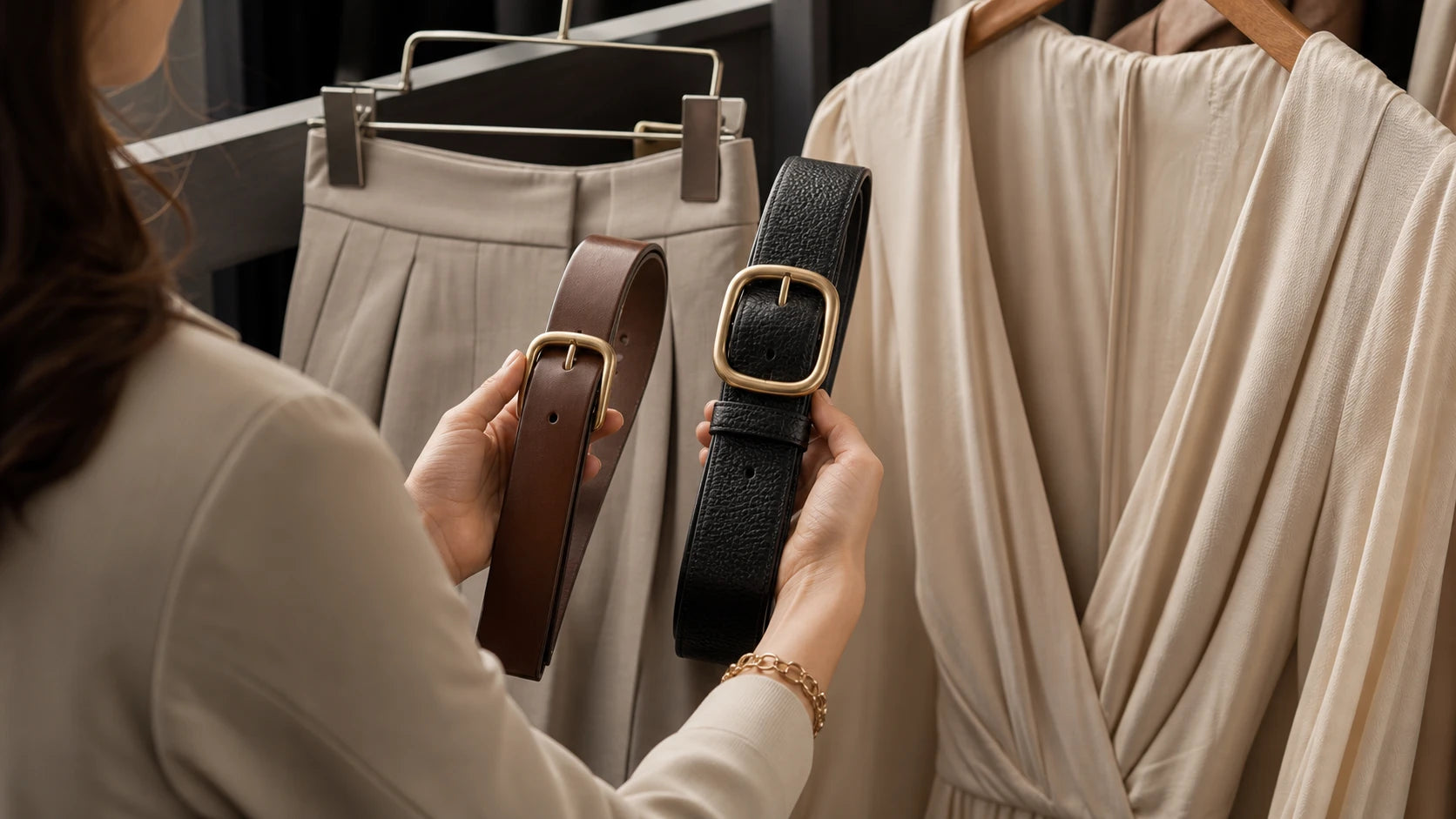 Woman comparing a cleaner medium-width belt and a heavier chunky belt against different outfit types