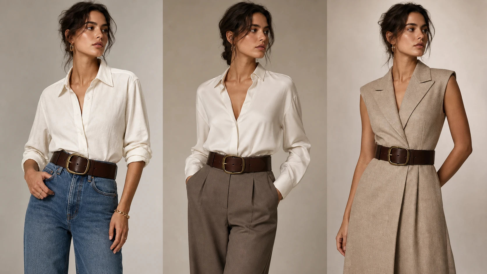 Chunky belt styled with jeans, trousers, and a structured dress to compare outfit compatibility