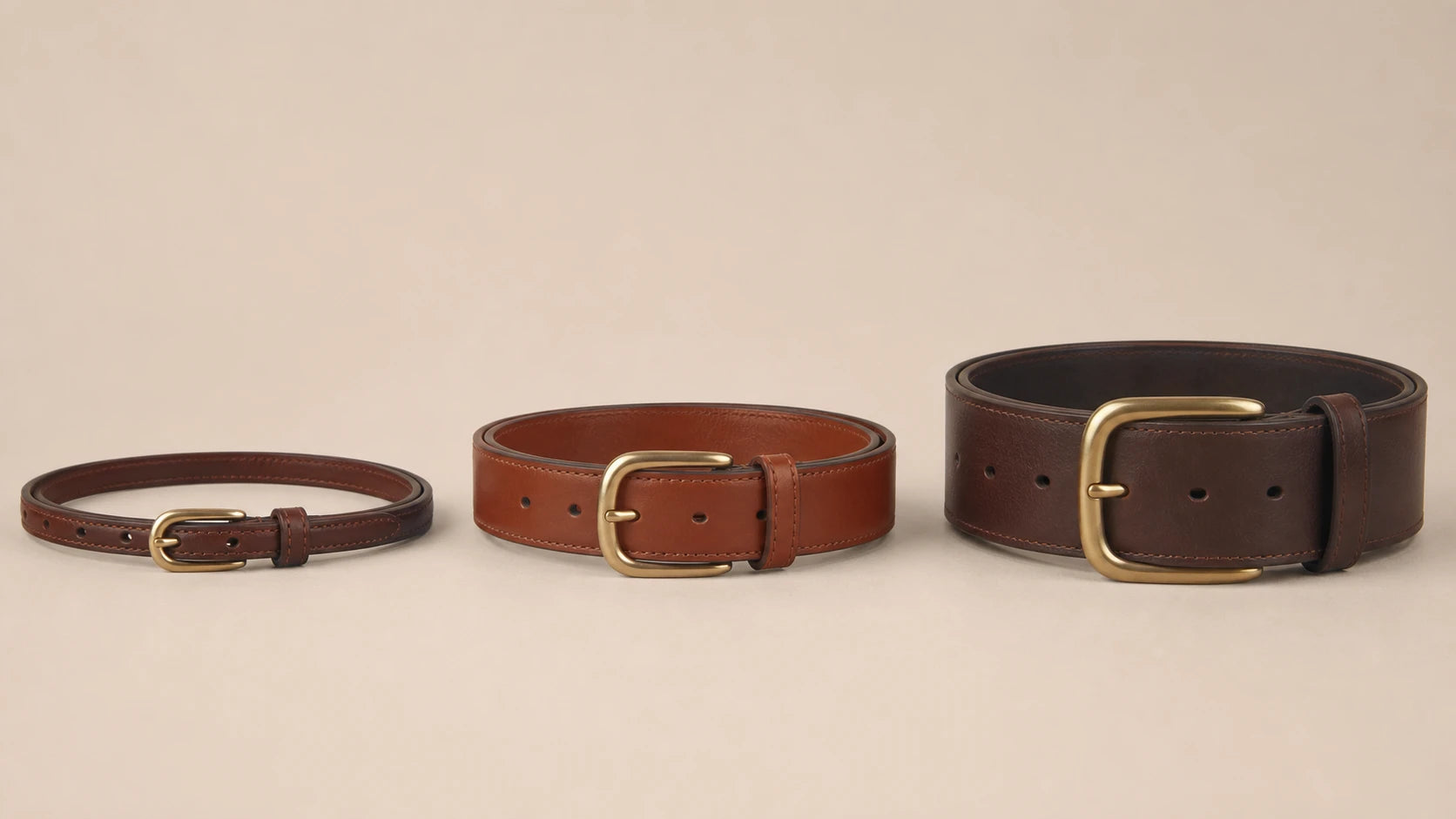 Comparison of slim, medium, and chunky belts showing how width and buckle scale change visual weight