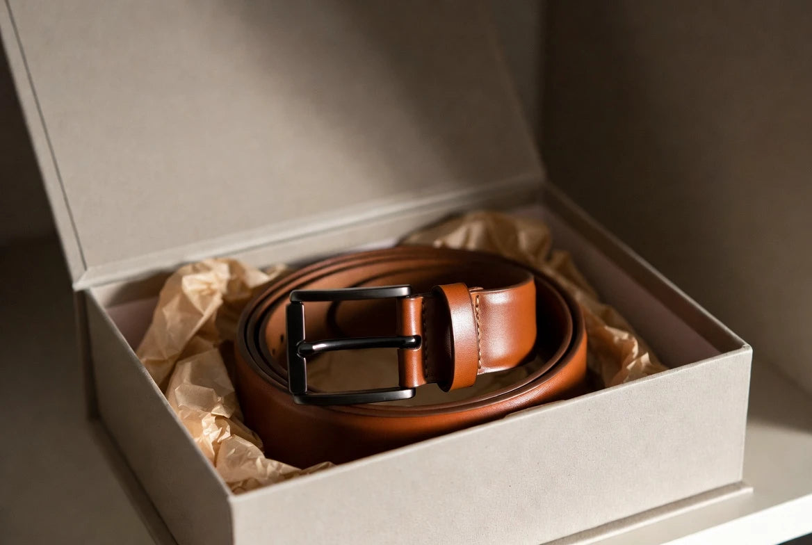 Leather belt loosely coiled inside a correctly sized belt box