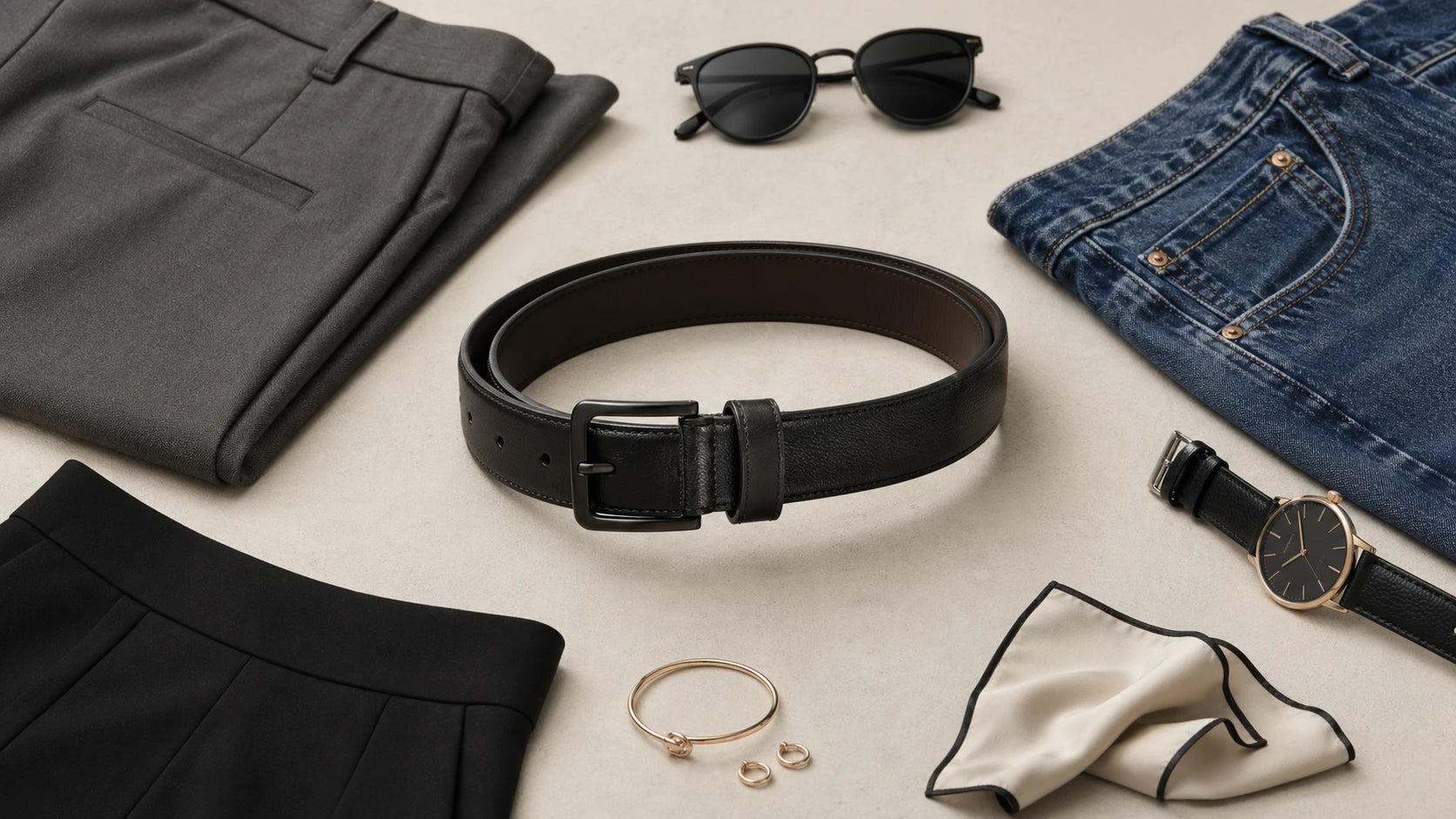 Flat lay showing a low-profile belt styled with trousers, denim, and a skirt to explain wardrobe compatibility