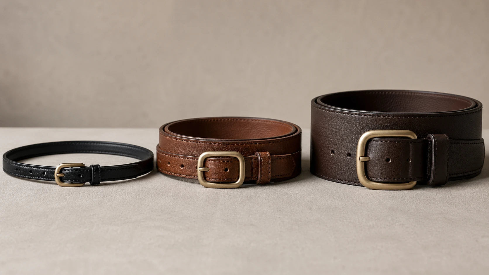 Comparison of slim, medium, and wide belts to show how width and buckle bulk change comfort and outfit balance