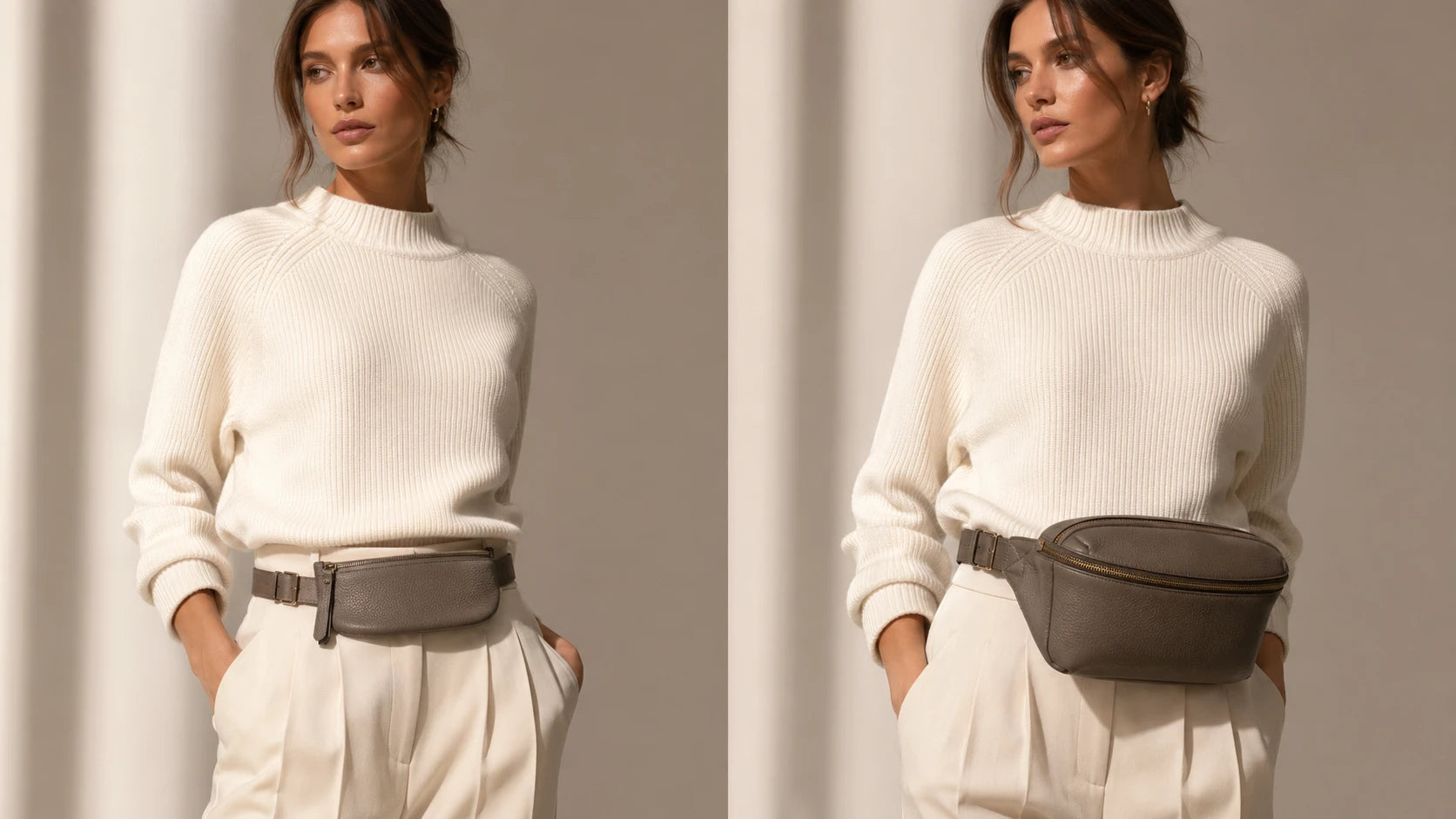 Comparison of a compact belt bag and a bulky belt bag on a woman