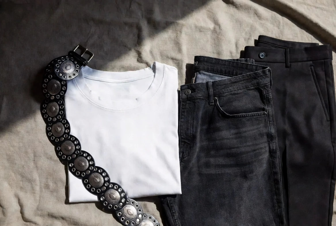 Concho belt shown with simple denim and tailored wardrobe pieces for outfit balance comparison