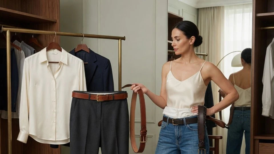 Woman choosing between a polished belt outfit and a casual denim belt outfit