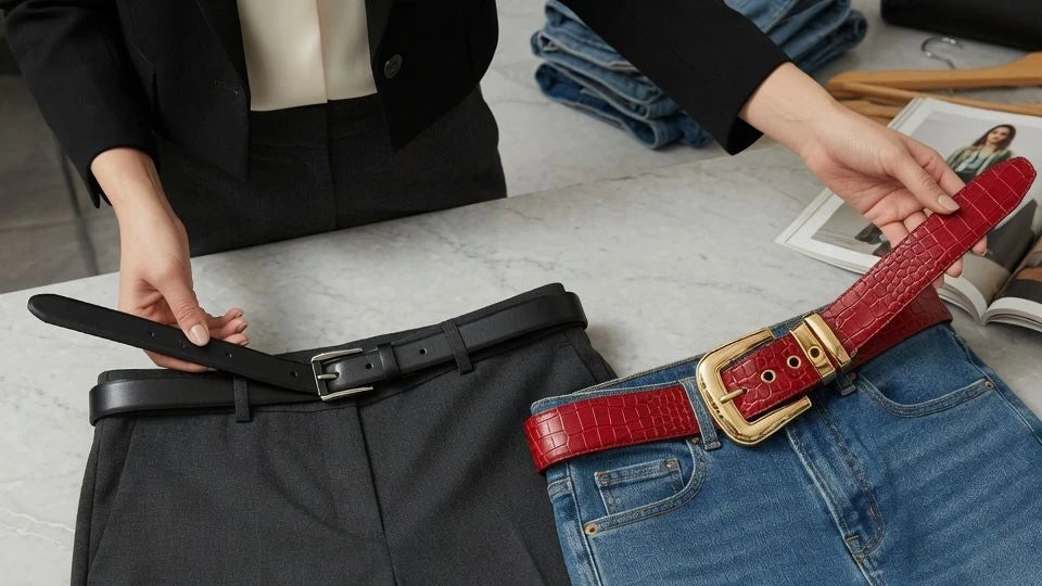 Slim and medium-width belts compared on trousers and jeans for outfit balance