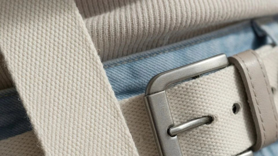 Close-up of cotton belt texture and buckle detail on a casual outfit
