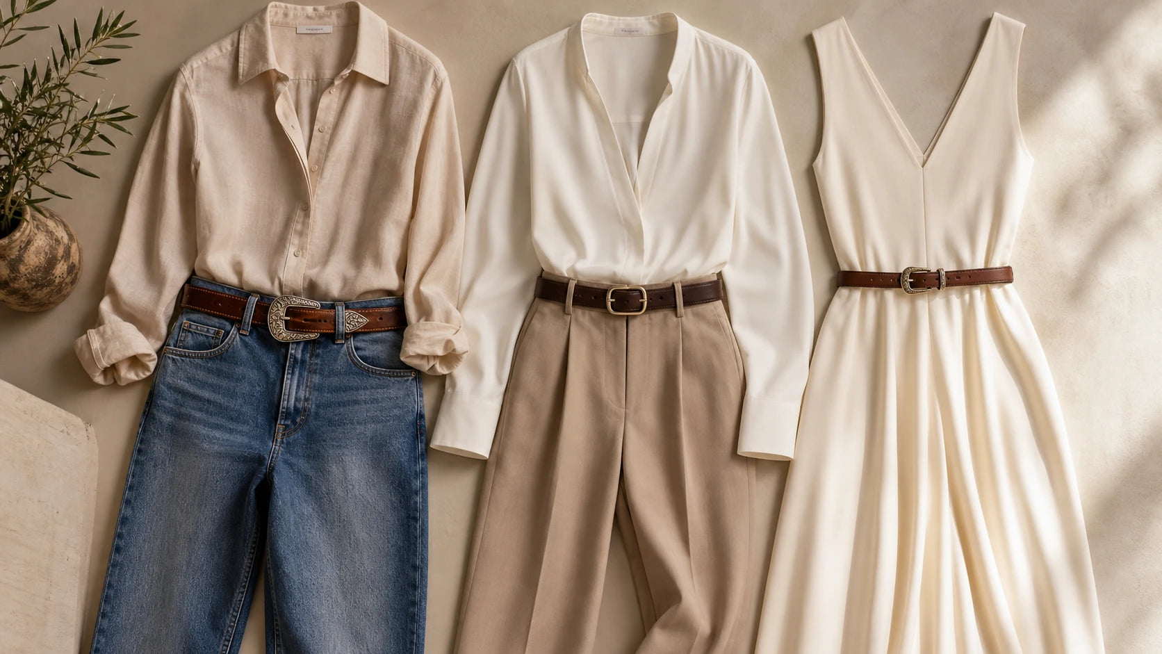 Three outfit scenarios showing how western-inspired belts work with jeans, trousers, and dresses
