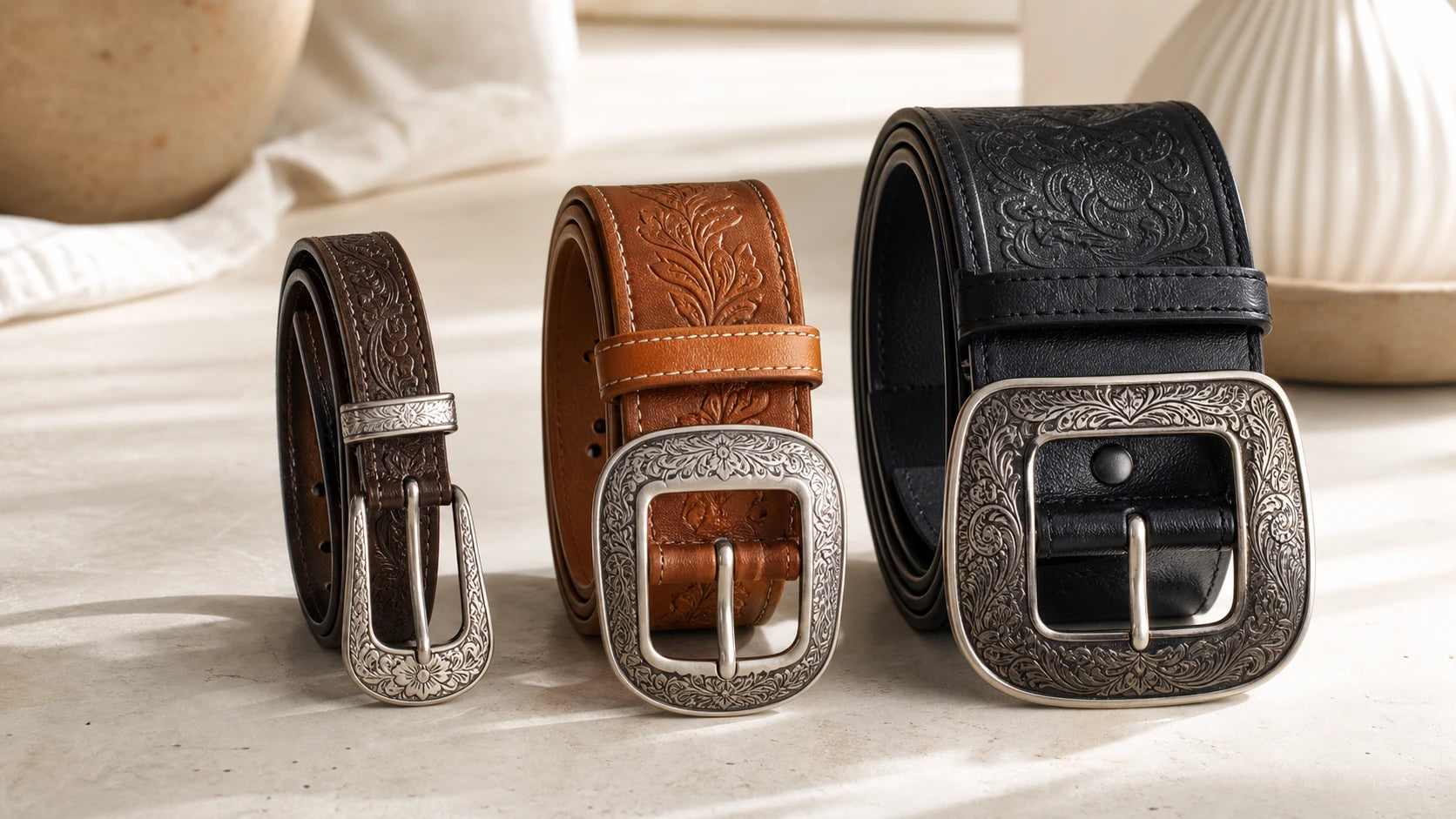 Comparison of women's western-inspired belts in different widths and buckle sizes