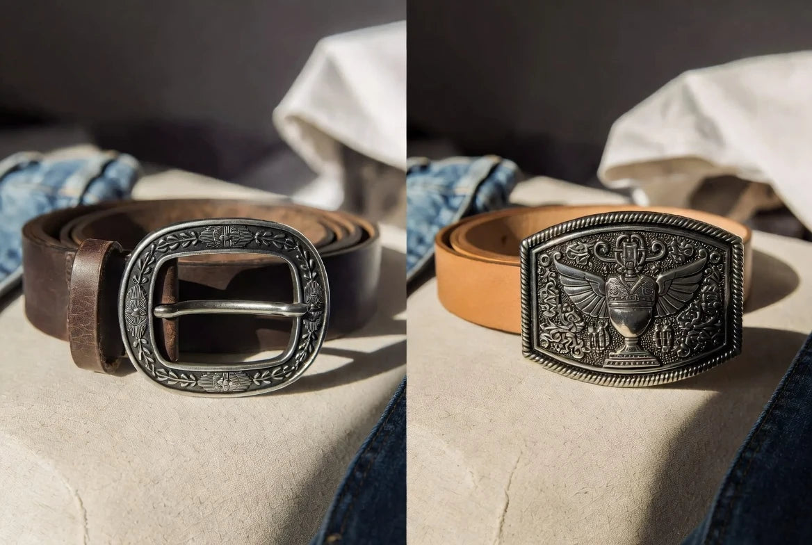 Visual comparison of moderate and oversized cowboy belt buckle styling