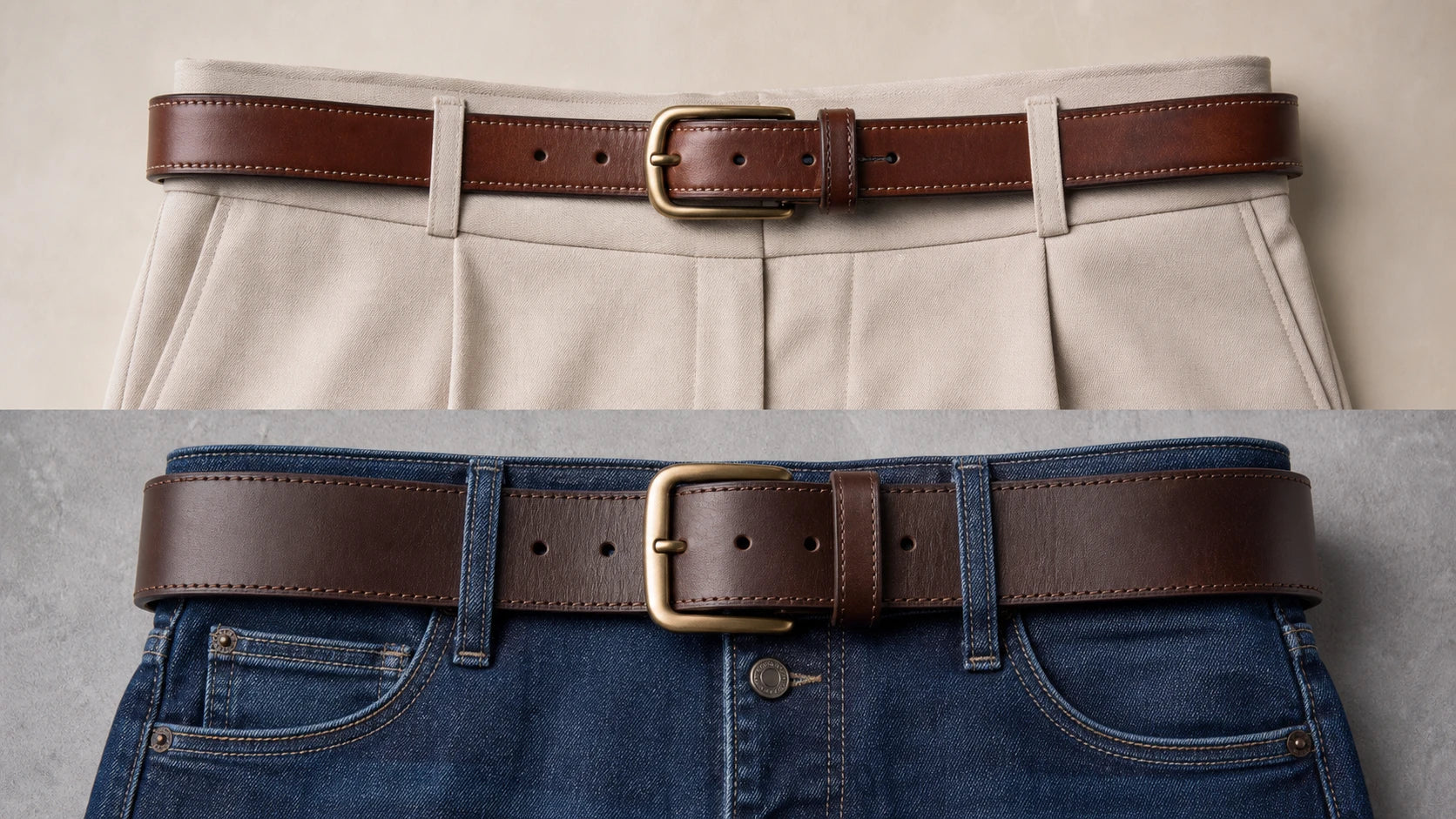 Medium-width and wide cowhide belts compared with tailored trousers and denim outfits