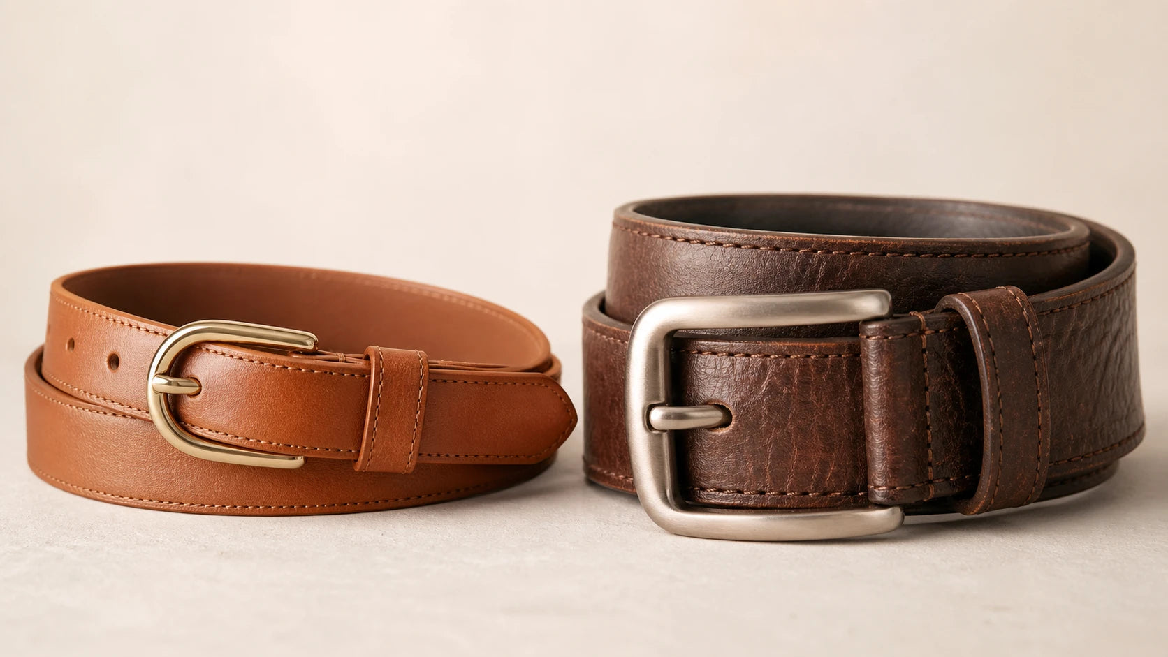 Comparison of slim smooth cowhide belt and wider rugged cowhide belt for different outfit uses