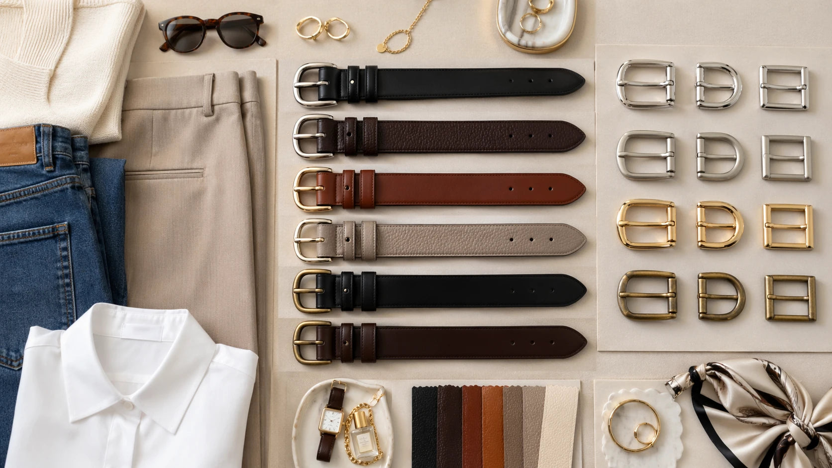 Women's belt and buckle checklist scene showing strap width, finish, and outfit matching