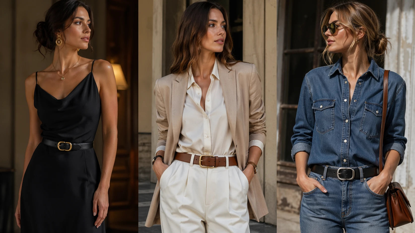 Comparison of buckle styles for dress, smart-casual, and casual women's outfits