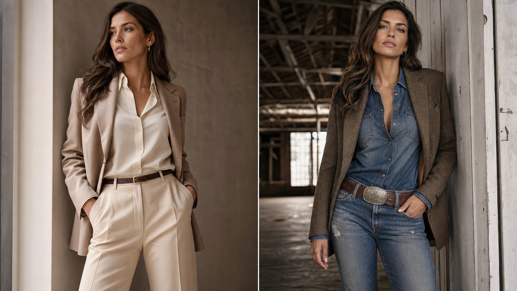 Comparison of custom buckle styling on tailored trousers versus denim