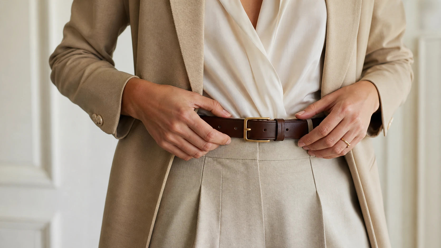 Woman fastening a leather belt at the middle hole to check proper fit before ordering custom belts