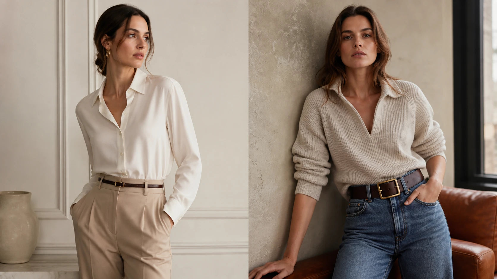 Slim belt with trousers compared to wider belt with denim for outfit proportion checks