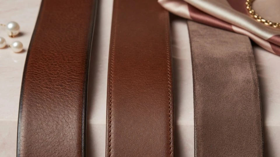 Close-up comparison of smooth, textured, and suede custom leather belt materials