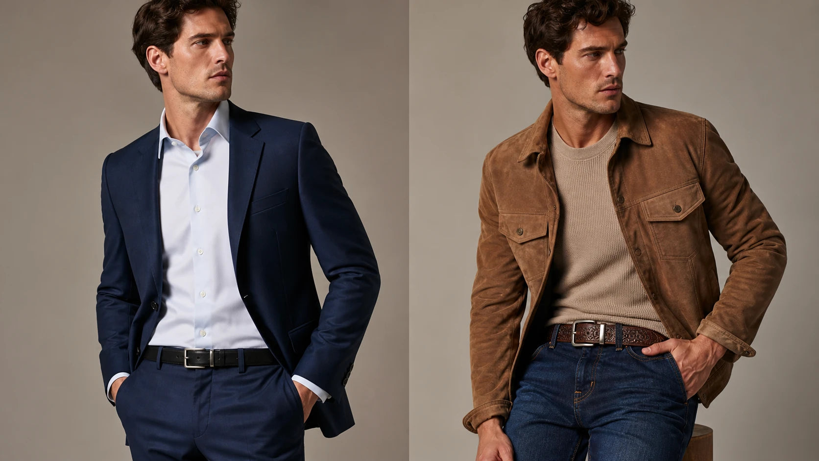 Comparison of a slim belt for trousers and a medium belt for jeans