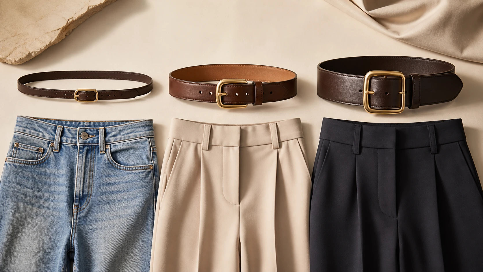 Slim, medium, and wide women's belts compared for outfit proportion