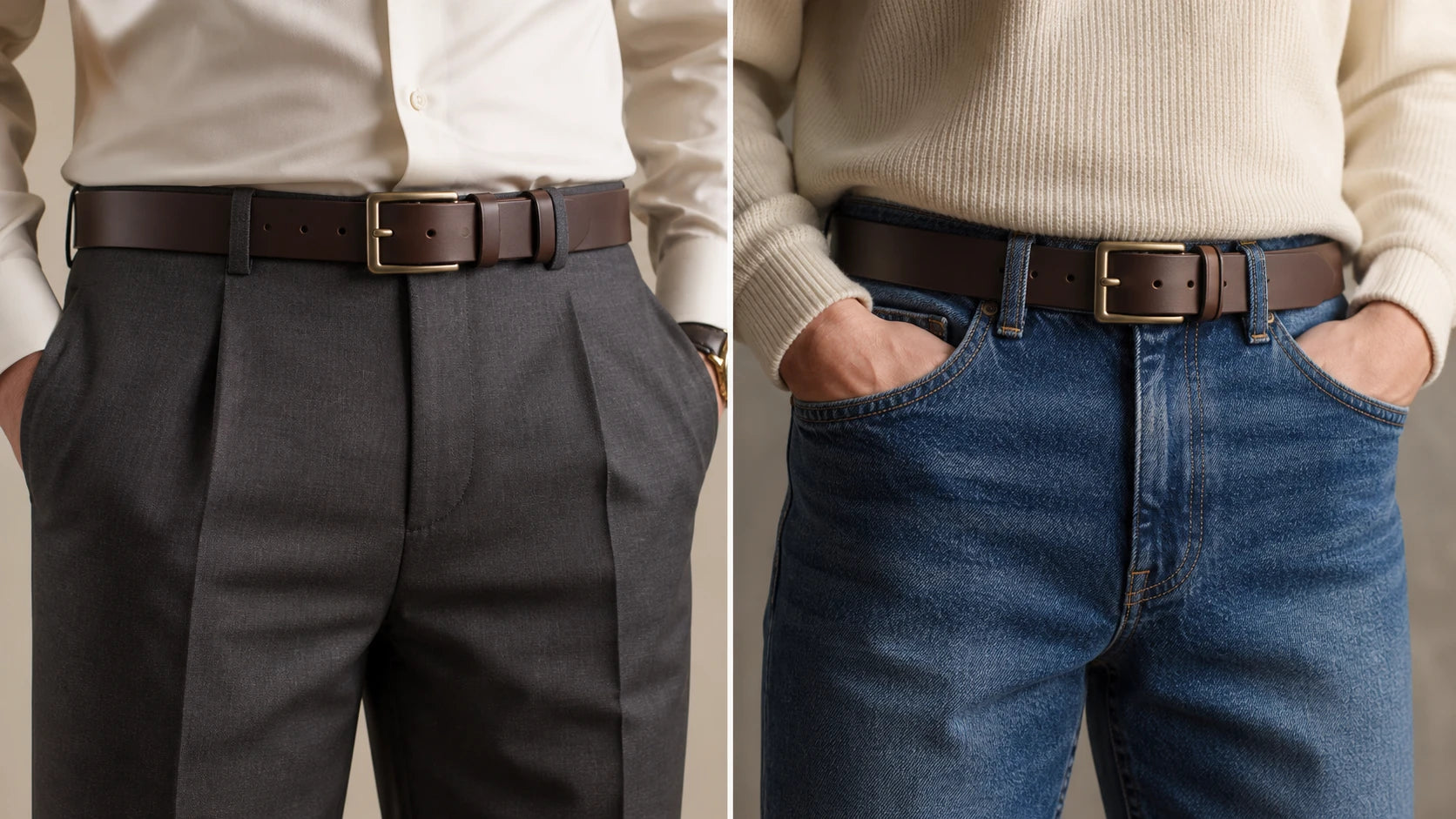 Dark brown belt compared on tailored trousers and relaxed denim