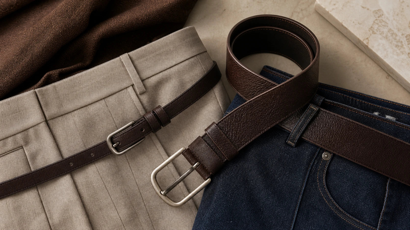 Slim and wide dark brown belts compared with trousers and denim