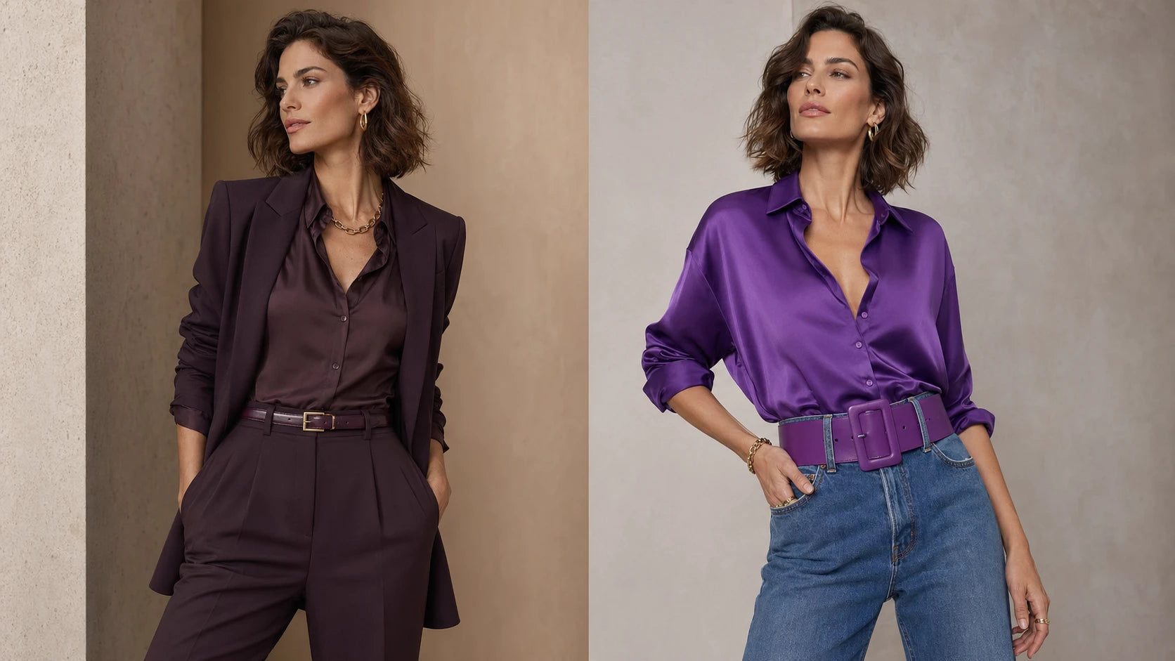 Side by side comparison of a slim dark purple belt with trousers and a wider bright purple belt with denim