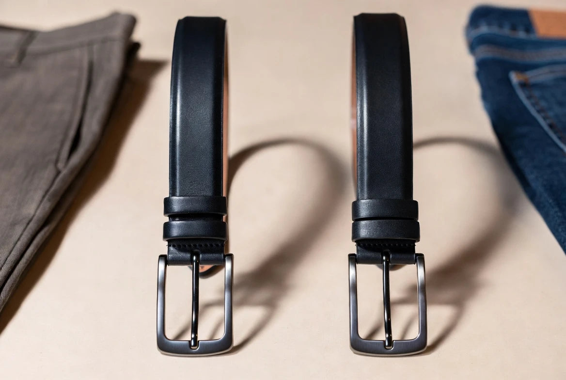 Comparison of slimmer and wider designer belt widths for dress and casual wear
