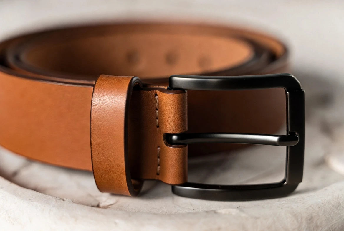 Close-up of leather quality, stitching, edges, and buckle construction on a premium belt