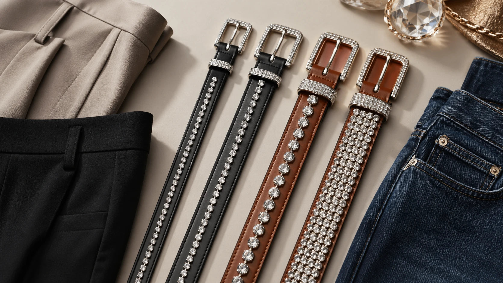 Comparison of slim and medium-width diamond-look belts for different outfits
