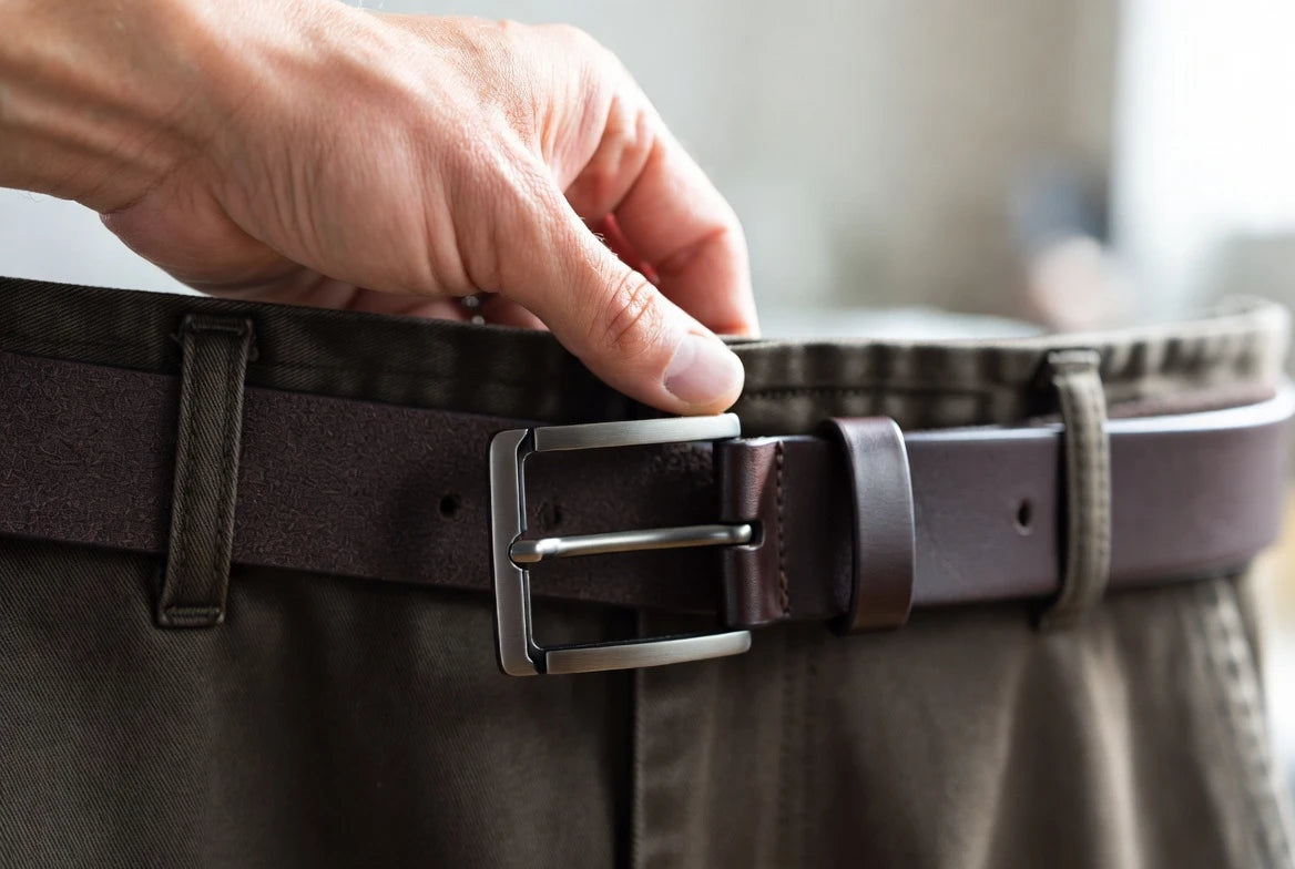 Close view of a leather belt threaded through different trouser belt loops