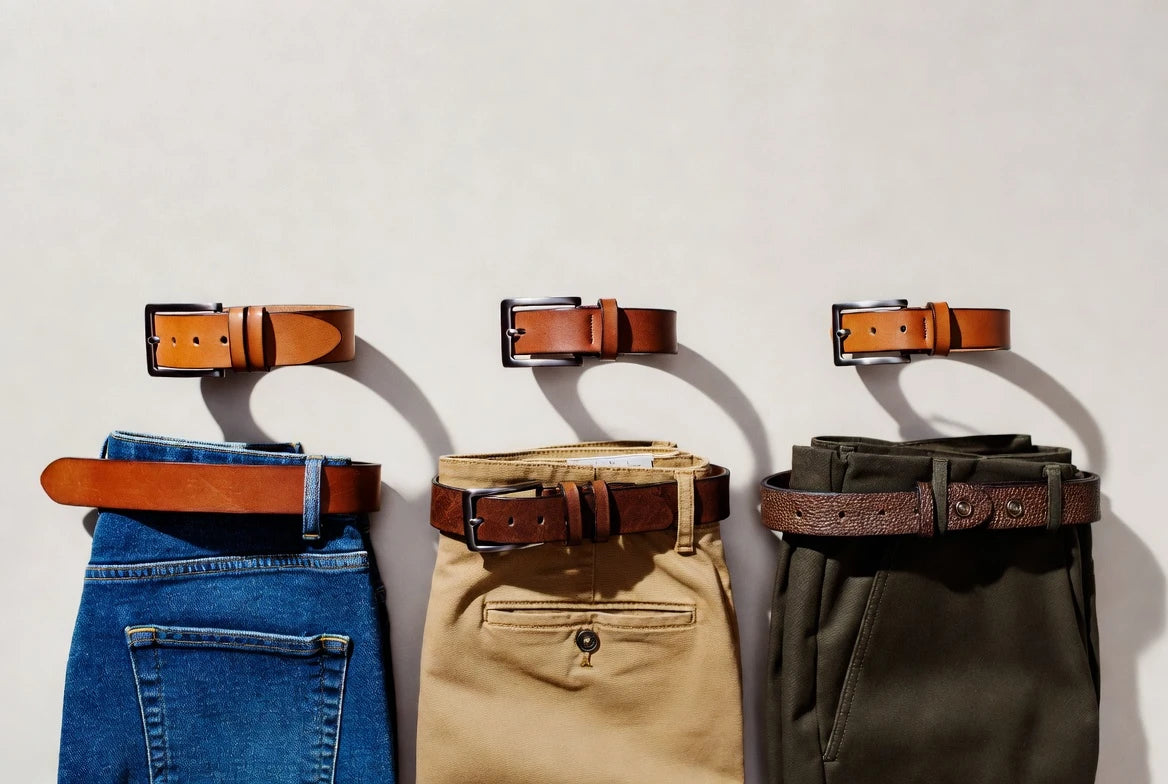 Comparison of casual belt widths styled with denim chinos and tailored trousers