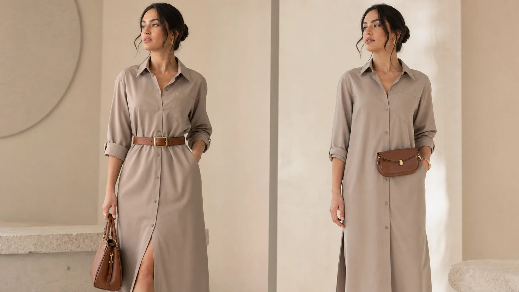 Woman comparing a dress styled with a waist belt versus a belt bag only